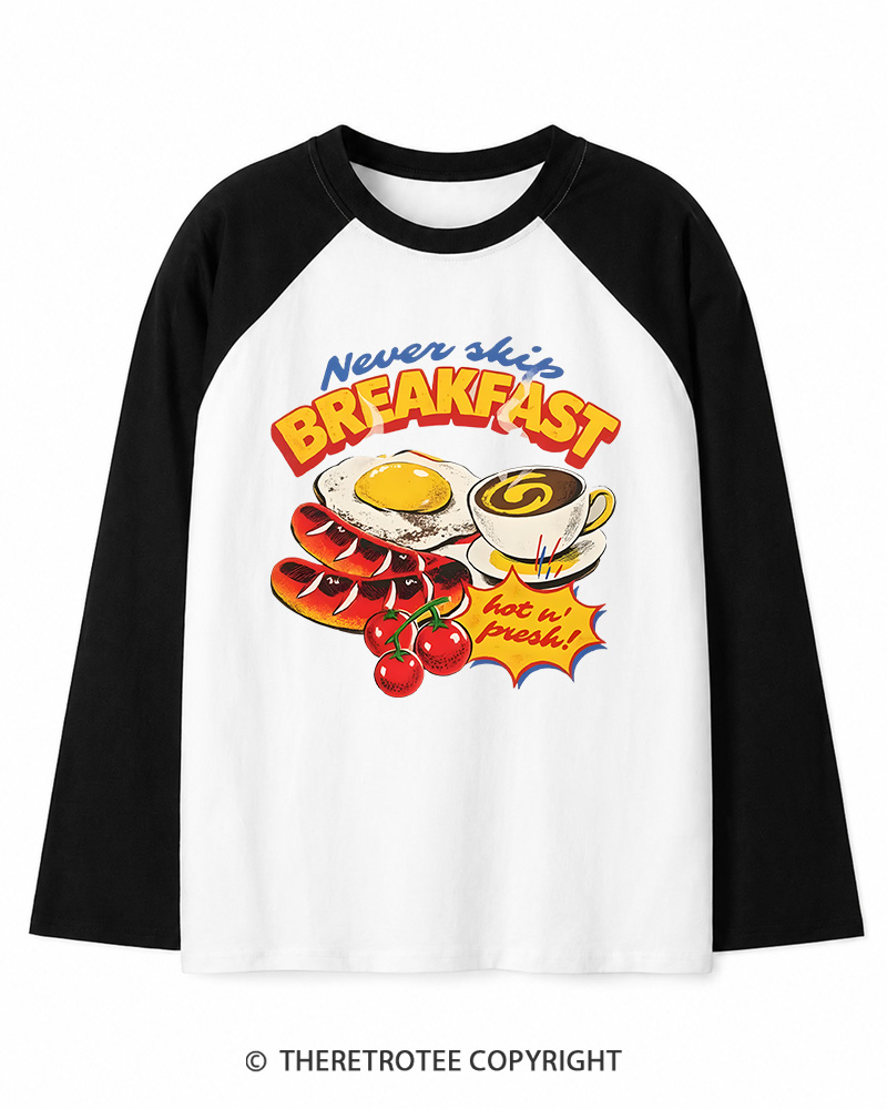 TheRetroTee Never Skip Breakfast 1960s Long Sleeve Raglan T-Shirt