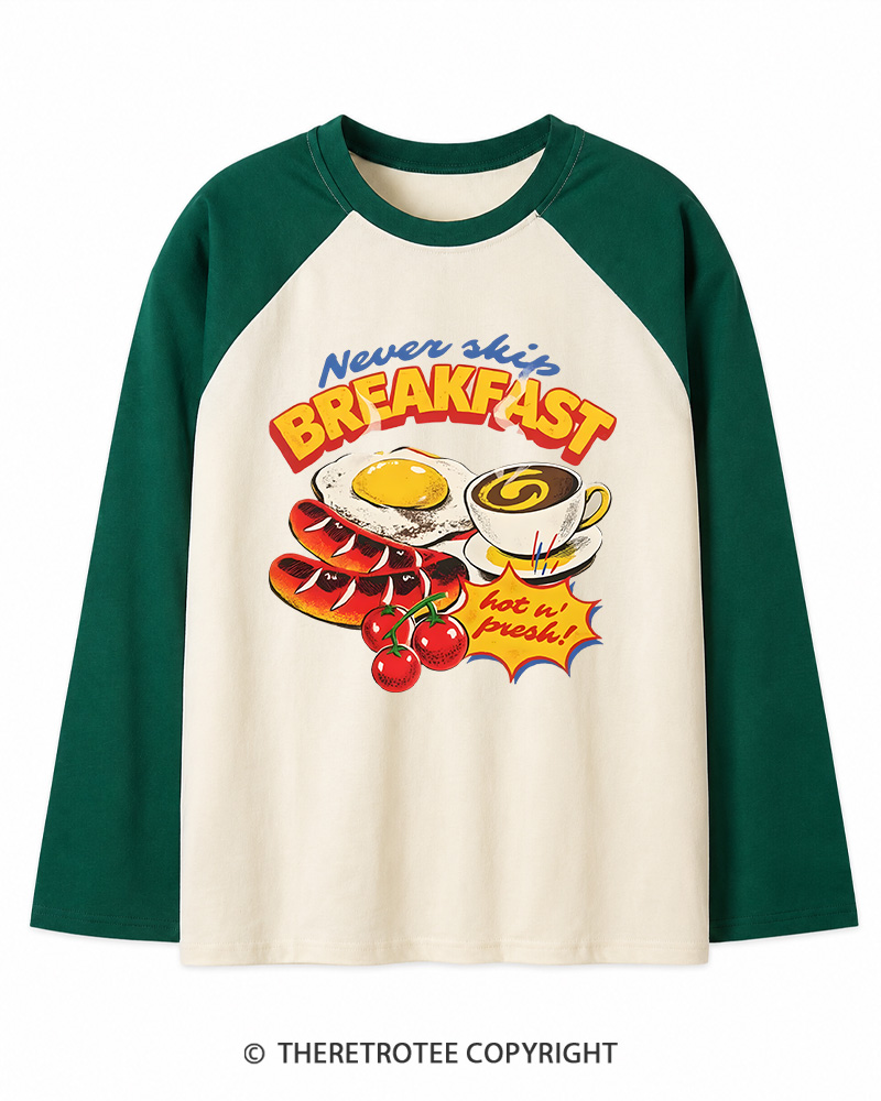TheRetroTee Never Skip Breakfast 1960s Long Sleeve Raglan T-Shirt