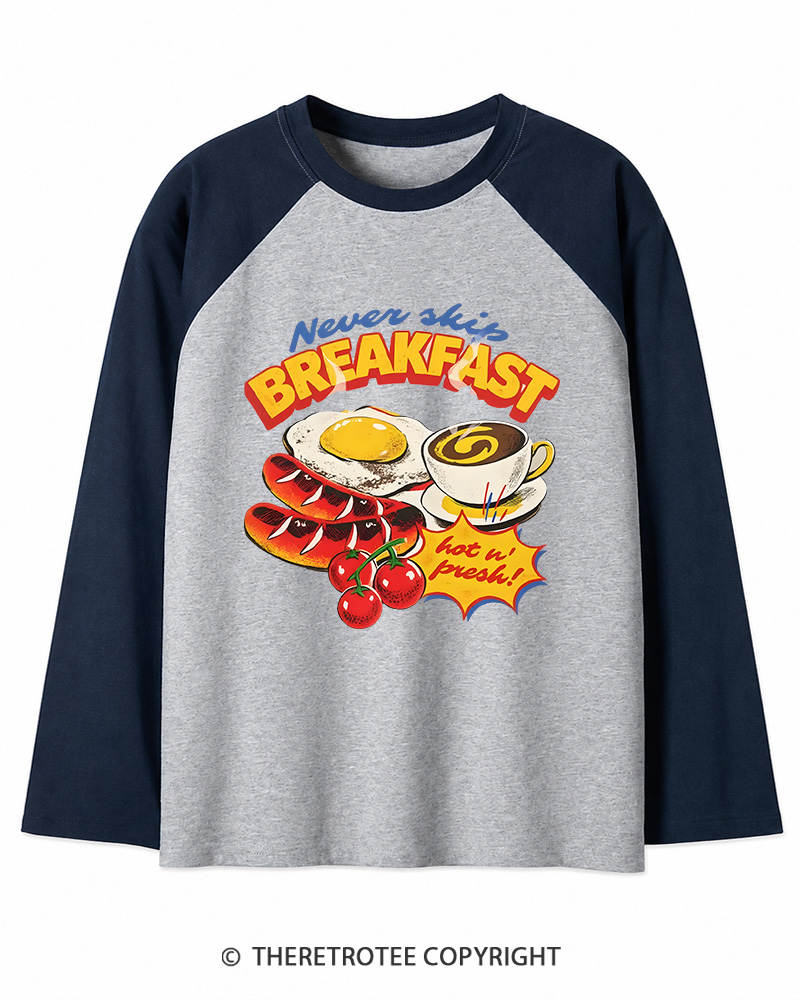 TheRetroTee Never Skip Breakfast 1960s Long Sleeve Raglan T-Shirt