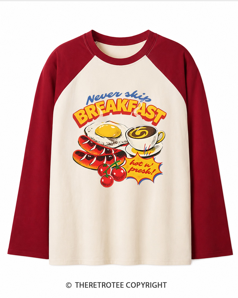 TheRetroTee Never Skip Breakfast 1960s Long Sleeve Raglan T-Shirt