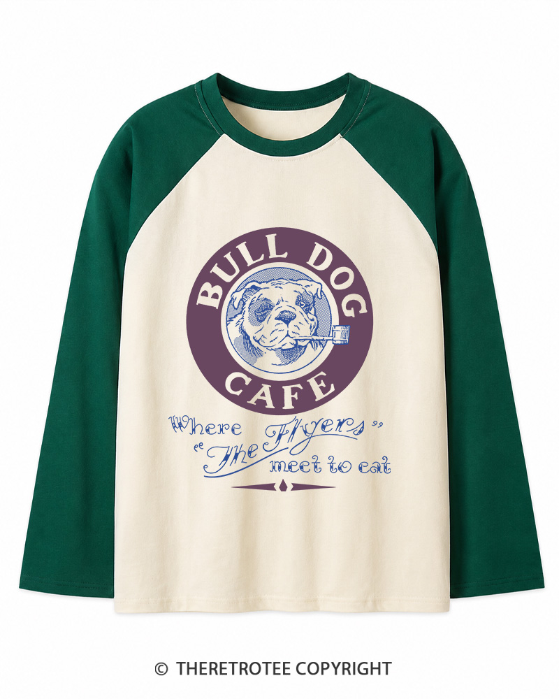 TheRetroTee Bulldog Cafe 1980s Long Sleeve Raglan T-Shirt