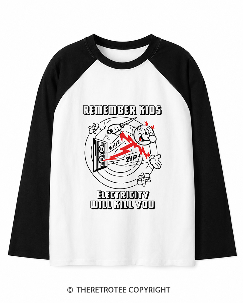 TheRetroTee Electricity Will Kill You 1960s Long Sleeve Raglan T-Shirt