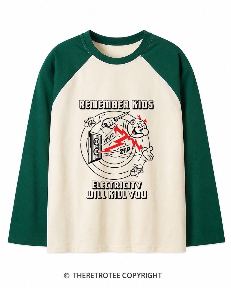 TheRetroTee Electricity Will Kill You 1960s Long Sleeve Raglan T-Shirt