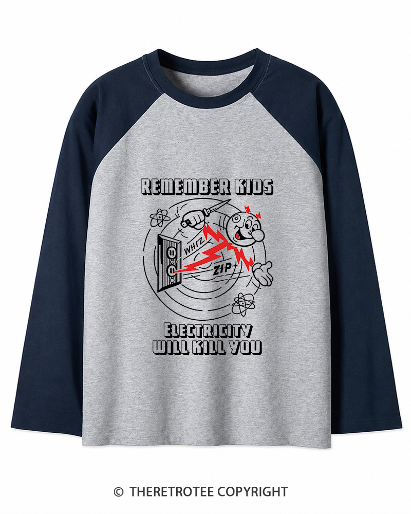 TheRetroTee Electricity Will Kill You 1960s Long Sleeve Raglan T-Shirt