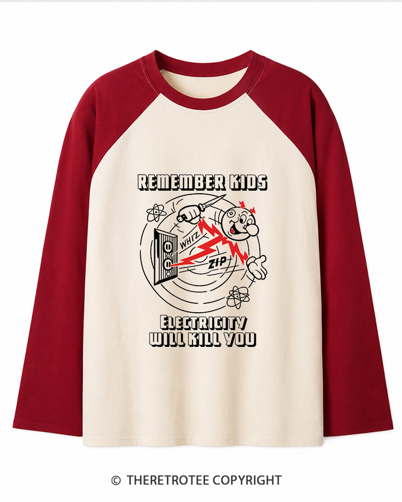TheRetroTee Electricity Will Kill You 1960s Long Sleeve Raglan T-Shirt