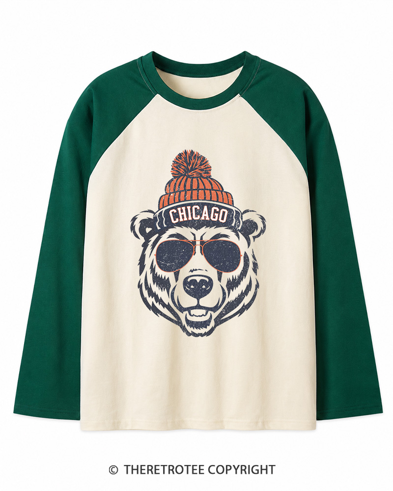 TheRetroTee Trendy Chicago Football Fan Long Sleeve Raglan T-Shirt