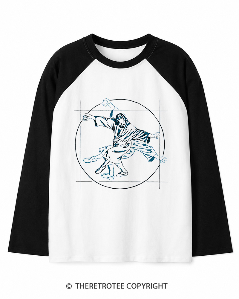 TheRetroTee Vitruvian Dude Blue Big Lebowski The Dude Tai Chi Long Sleeve Raglan T-Shirt