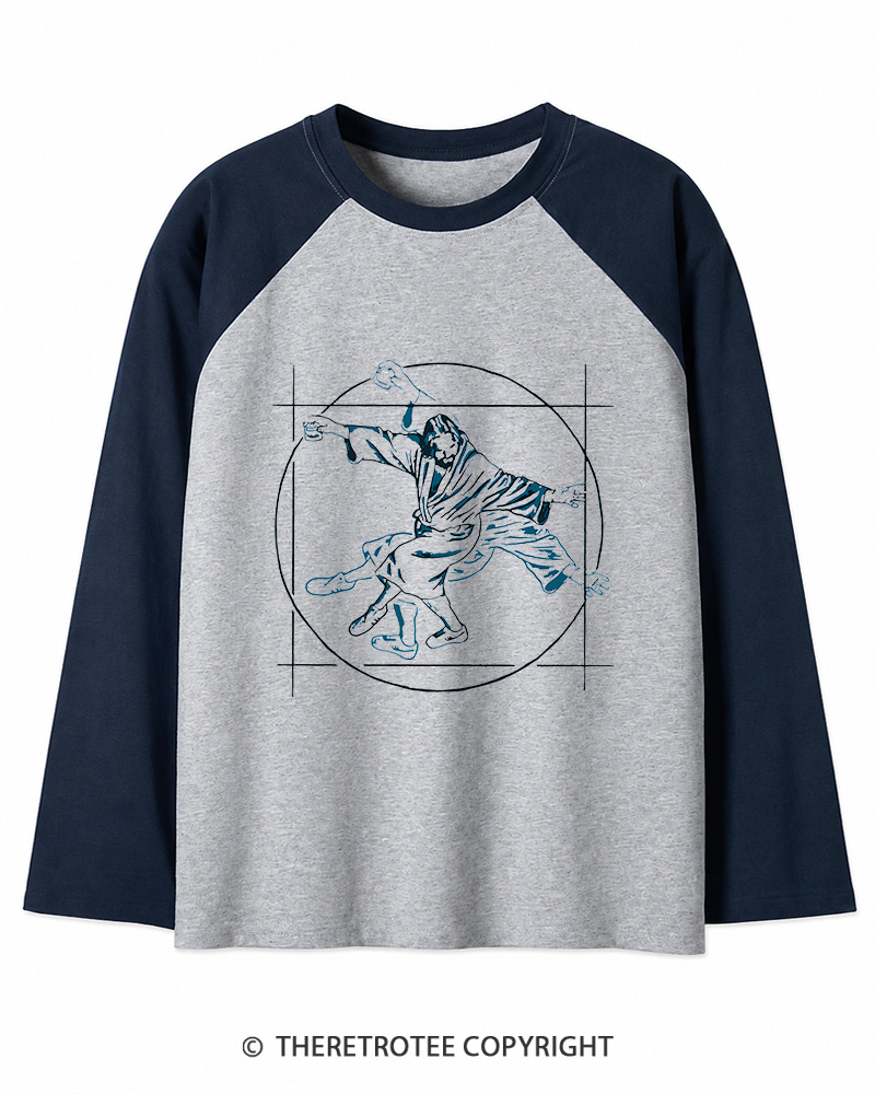 TheRetroTee Vitruvian Dude Blue Big Lebowski The Dude Tai Chi Long Sleeve Raglan T-Shirt