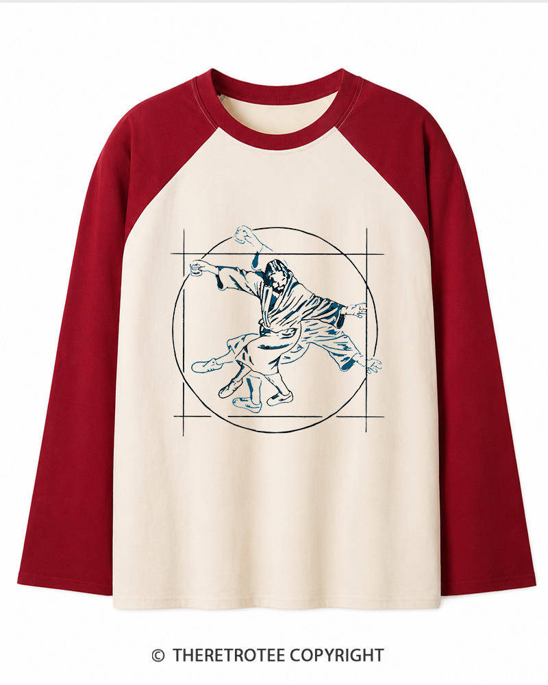 TheRetroTee Vitruvian Dude Blue Big Lebowski The Dude Tai Chi Long Sleeve Raglan T-Shirt