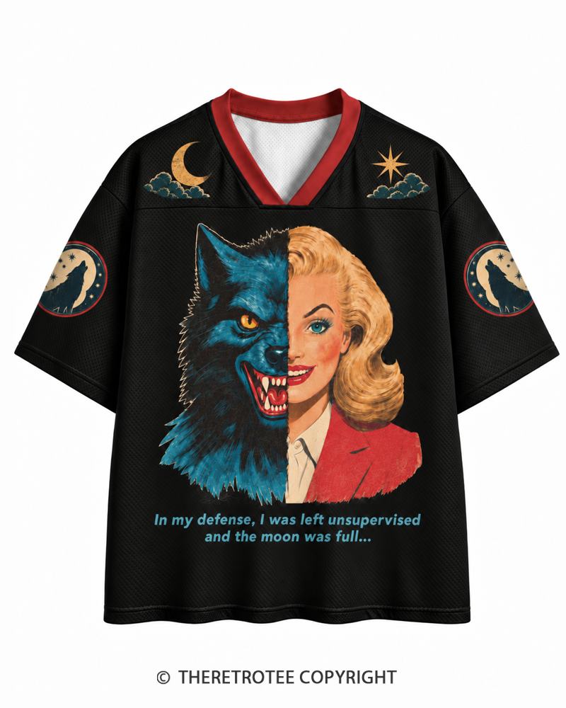 TheRetroTee Full Moon Defense 1950s Halloween Mesh Jersey