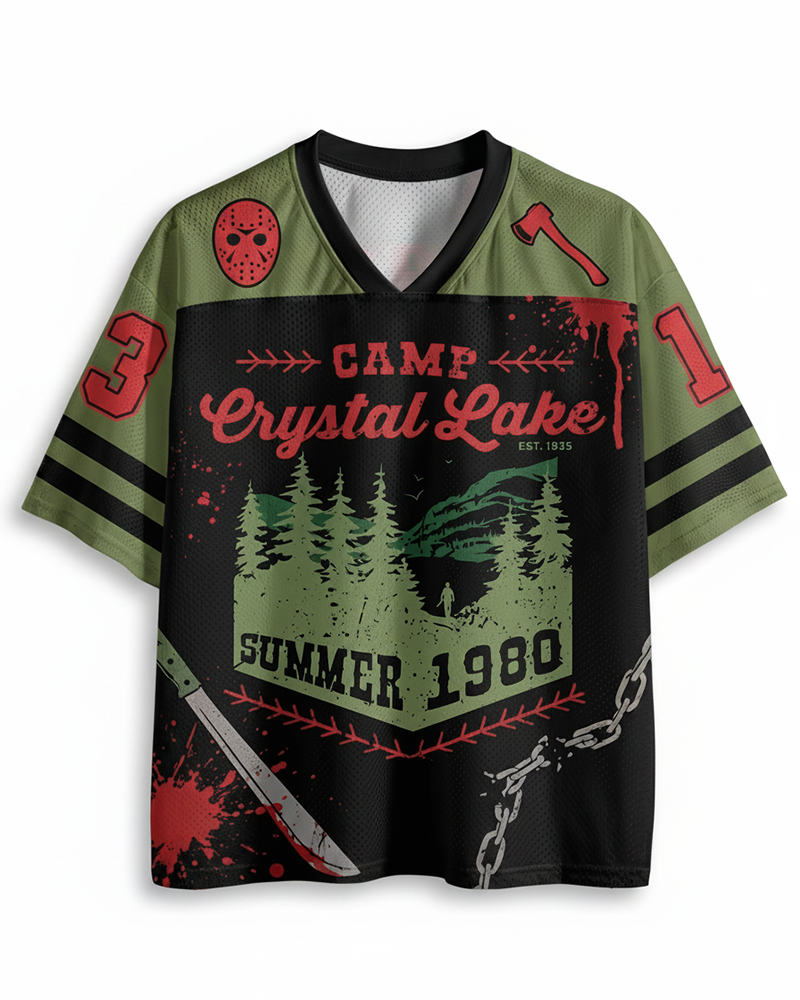 TheRetroTee 1980s Crystal Lake Camp Inspired Horror Mesh Jersey