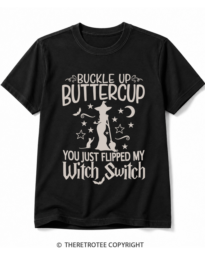TheRetroTee Buckle Up Buttercup Witch Halloween Cotton T-Shirt