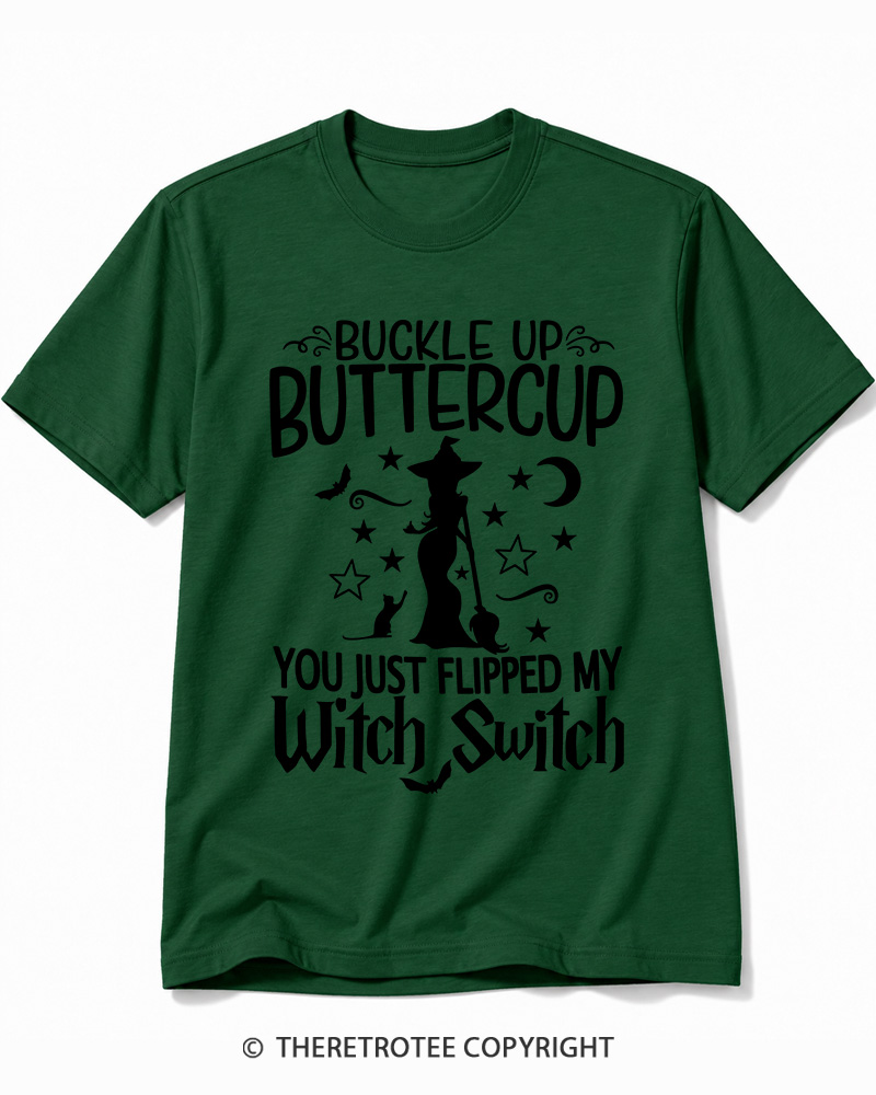TheRetroTee Buckle Up Buttercup Witch Halloween Cotton T-Shirt