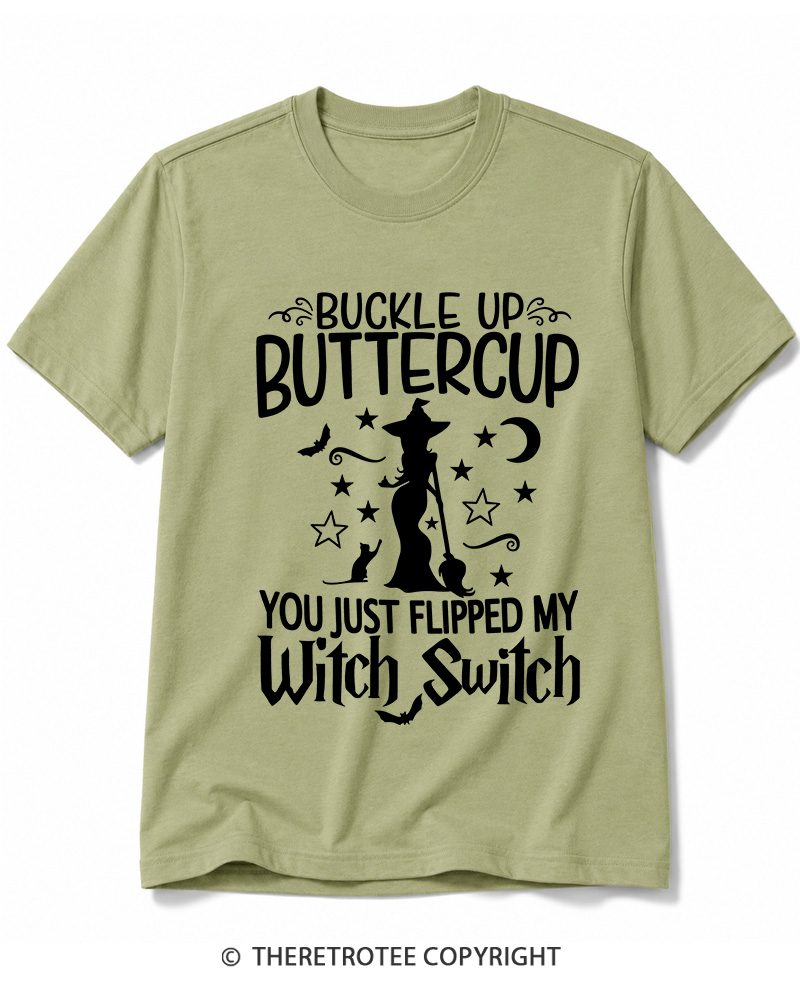 TheRetroTee Buckle Up Buttercup Witch Halloween Cotton T-Shirt