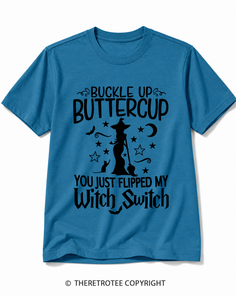 TheRetroTee Buckle Up Buttercup Witch Halloween Cotton T-Shirt
