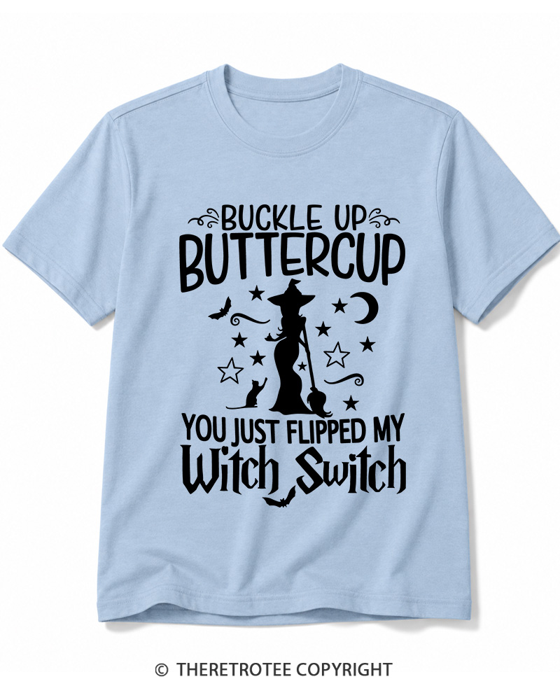 TheRetroTee Buckle Up Buttercup Witch Halloween Cotton T-Shirt