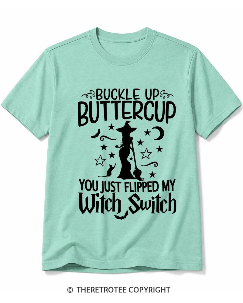 TheRetroTee Buckle Up Buttercup Witch Halloween Cotton T-Shirt