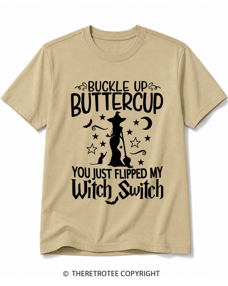 TheRetroTee Buckle Up Buttercup Witch Halloween Cotton T-Shirt