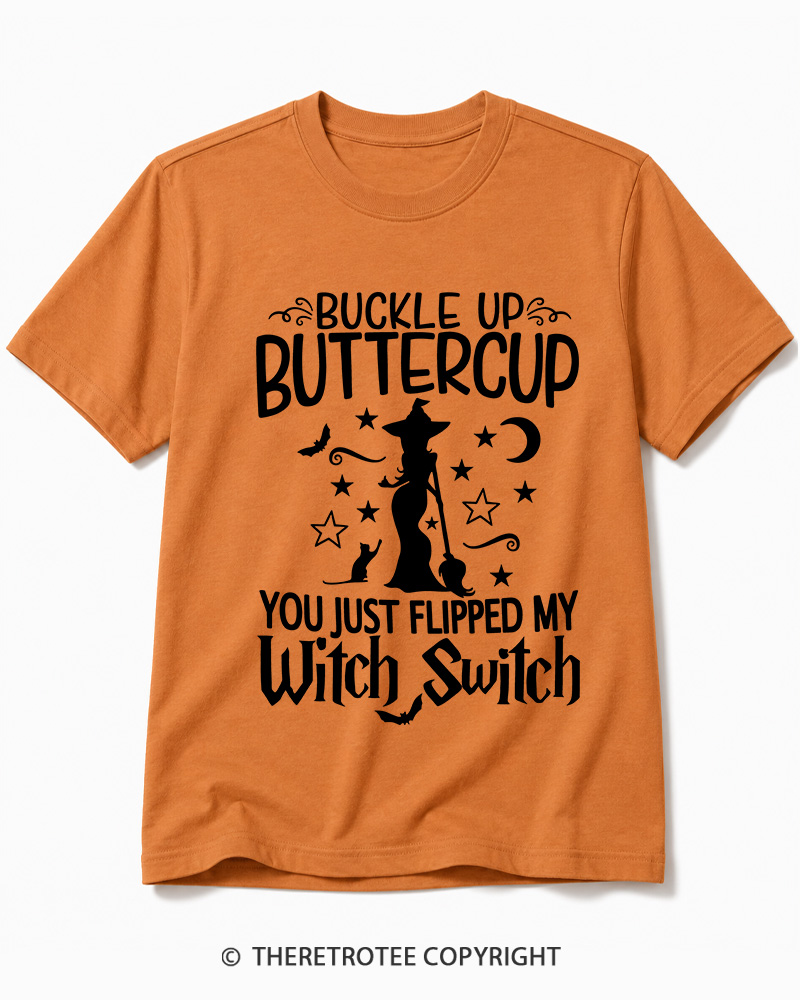 TheRetroTee Buckle Up Buttercup Witch Halloween Cotton T-Shirt