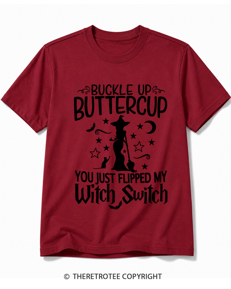TheRetroTee Buckle Up Buttercup Witch Halloween Cotton T-Shirt