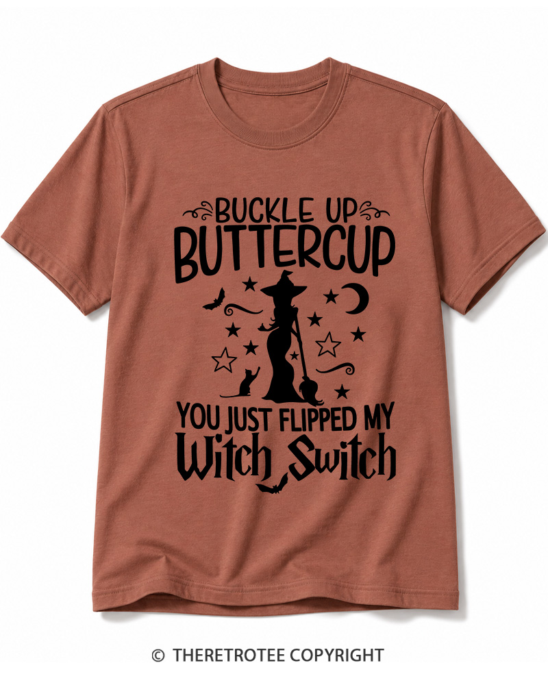 TheRetroTee Buckle Up Buttercup Witch Halloween Cotton T-Shirt