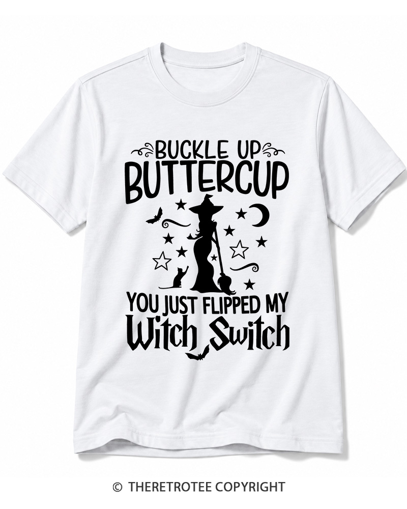 TheRetroTee Buckle Up Buttercup Witch Halloween Cotton T-Shirt