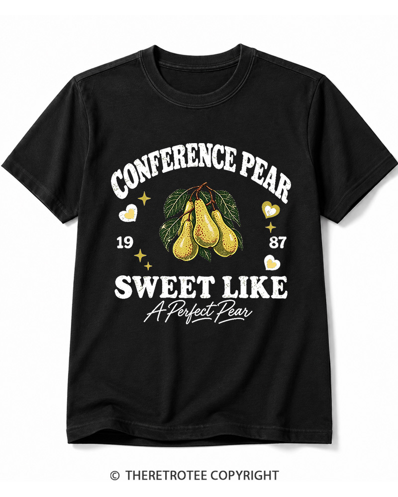 TheRetroTee 1987 British Vintage Conference Pear Graphic Cotton T-Shirt