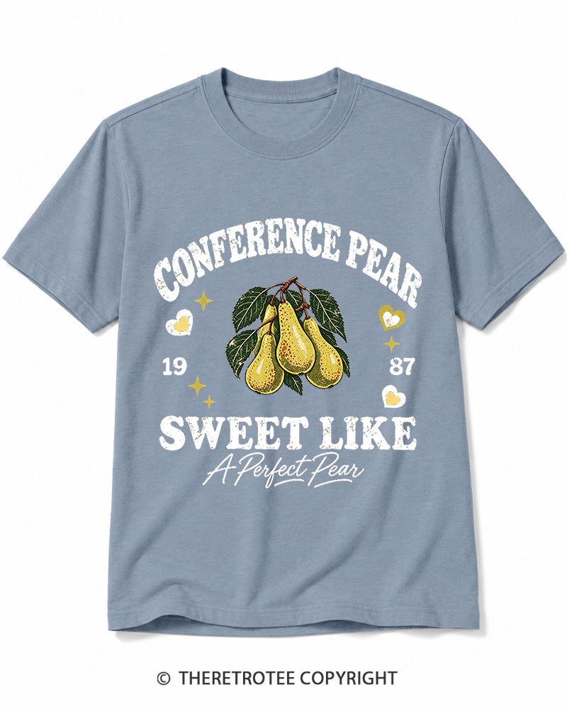 TheRetroTee 1987 British Vintage Conference Pear Graphic Cotton T-Shirt