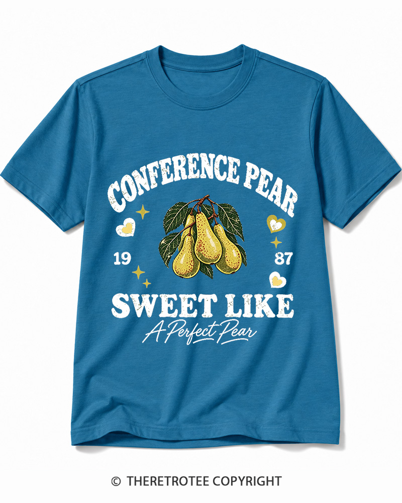 TheRetroTee 1987 British Vintage Conference Pear Graphic Cotton T-Shirt