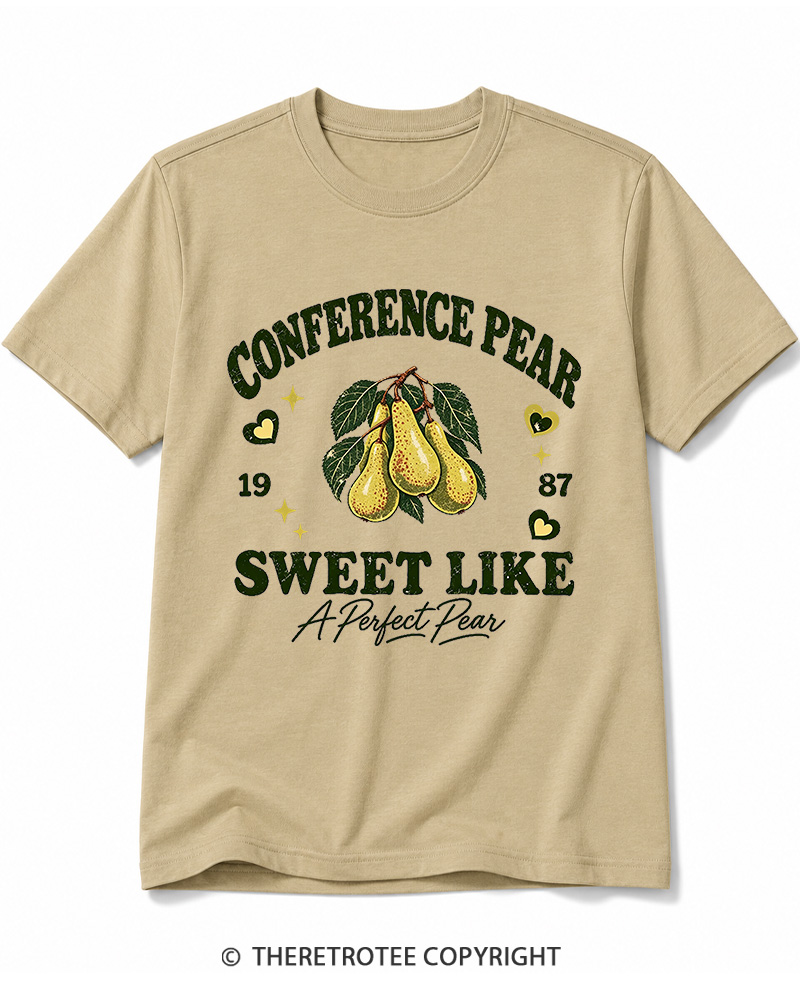 TheRetroTee 1987 British Vintage Conference Pear Graphic Cotton T-Shirt