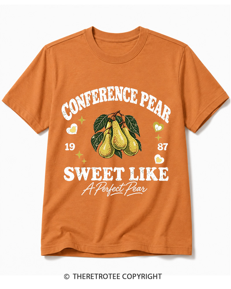 TheRetroTee 1987 British Vintage Conference Pear Graphic Cotton T-Shirt