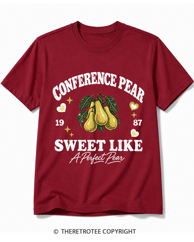 TheRetroTee 1987 British Vintage Conference Pear Graphic Cotton T-Shirt