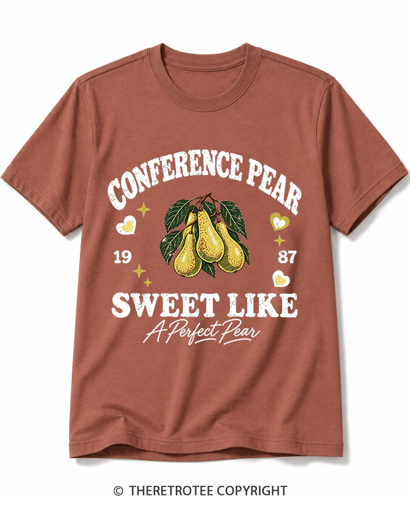 TheRetroTee 1987 British Vintage Conference Pear Graphic Cotton T-Shirt