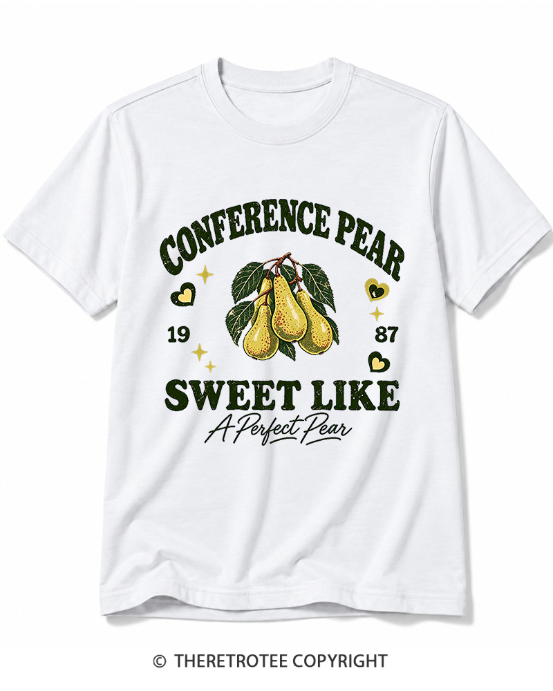 TheRetroTee 1987 British Vintage Conference Pear Graphic Cotton T-Shirt