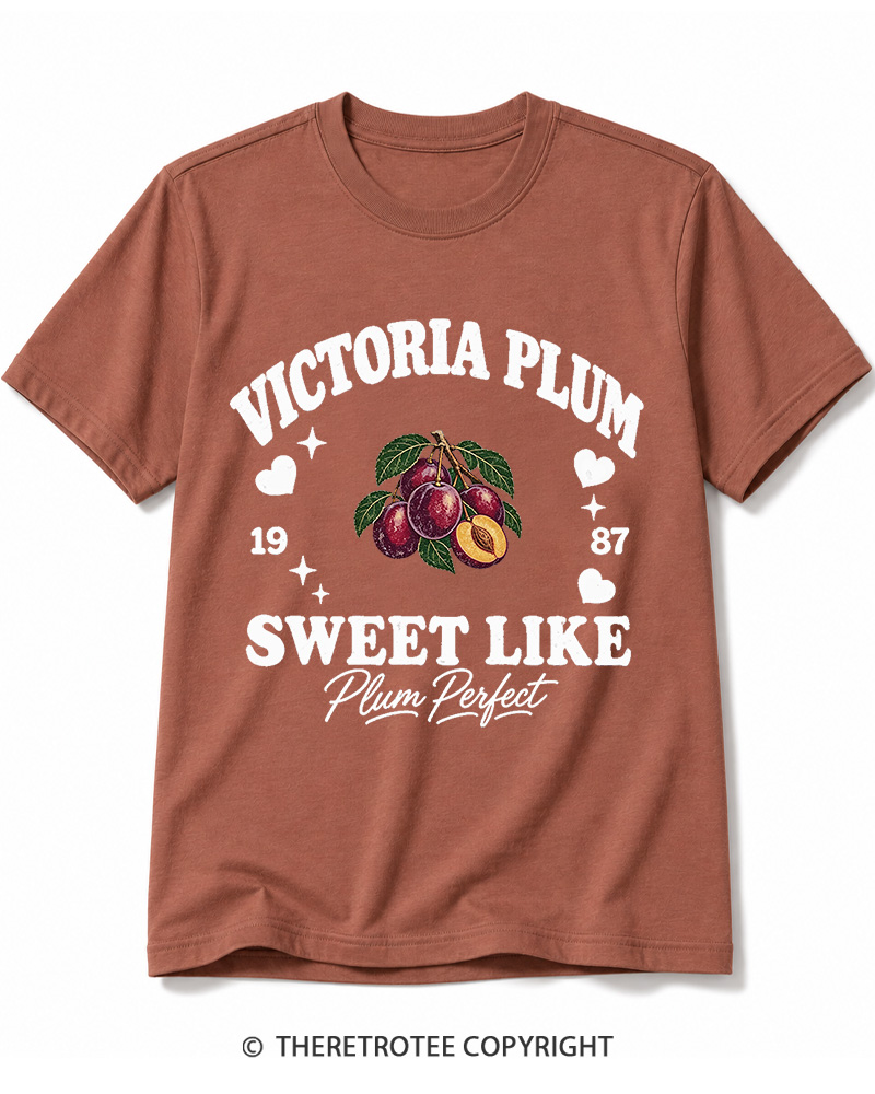 TheRetroTee 1987 British Vintage Victoria Plum Graphic Cotton T-Shirt