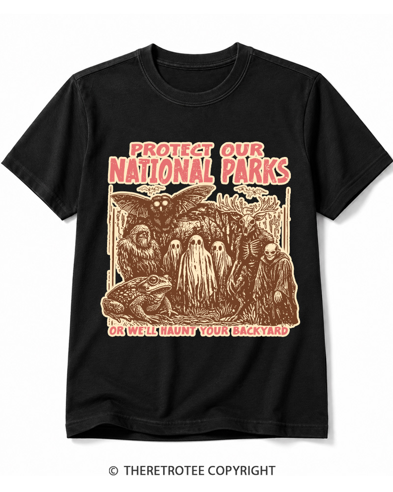 TheRetroTee Cryptid Creatures Protect Our Parks Camping Hiking Cotton T-Shirt