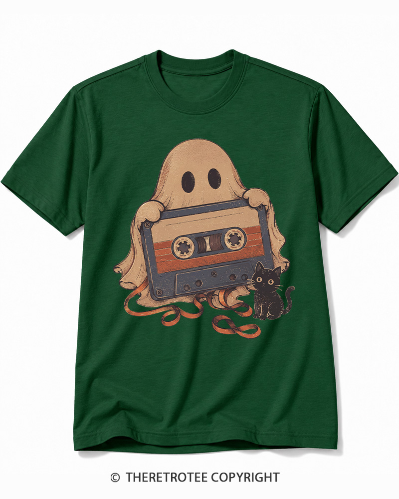 TheRetroTee Ghost Cassette Tape Halloween 1980s Halloween Cotton T-Shirt