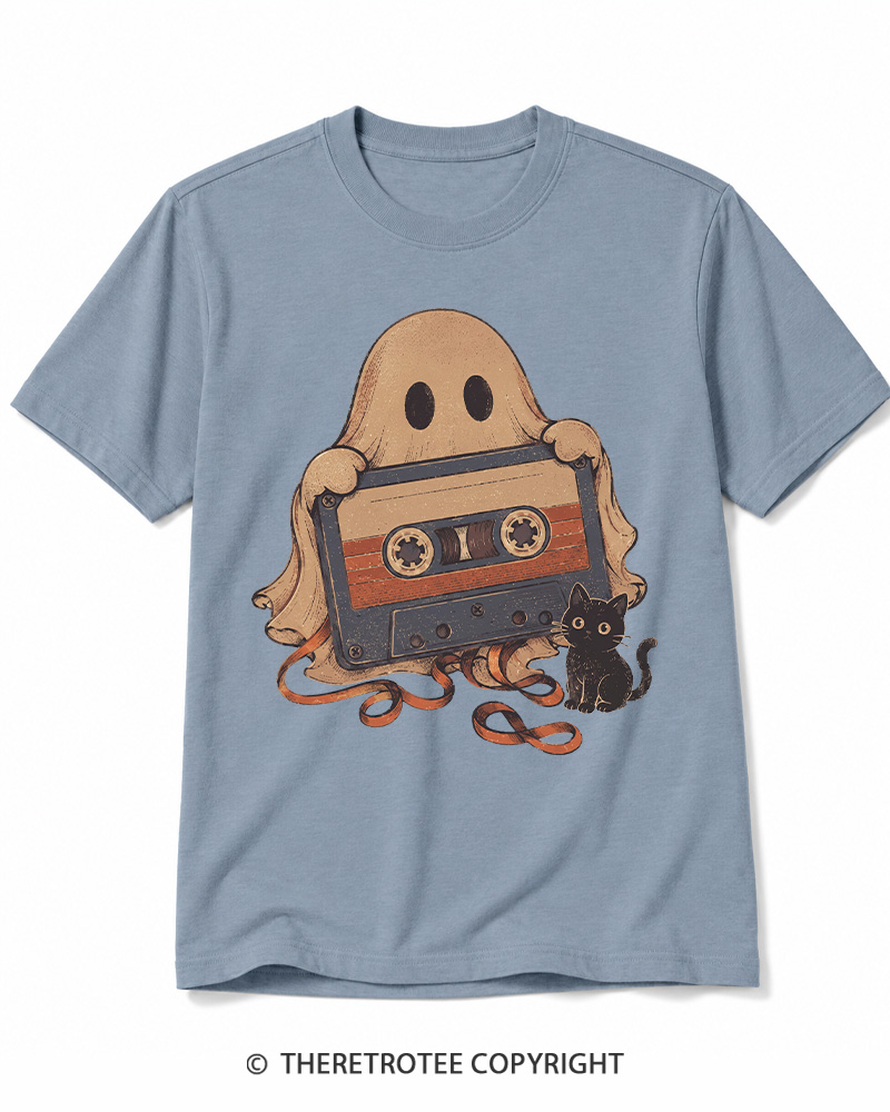 TheRetroTee Ghost Cassette Tape Halloween 1980s Halloween Cotton T-Shirt