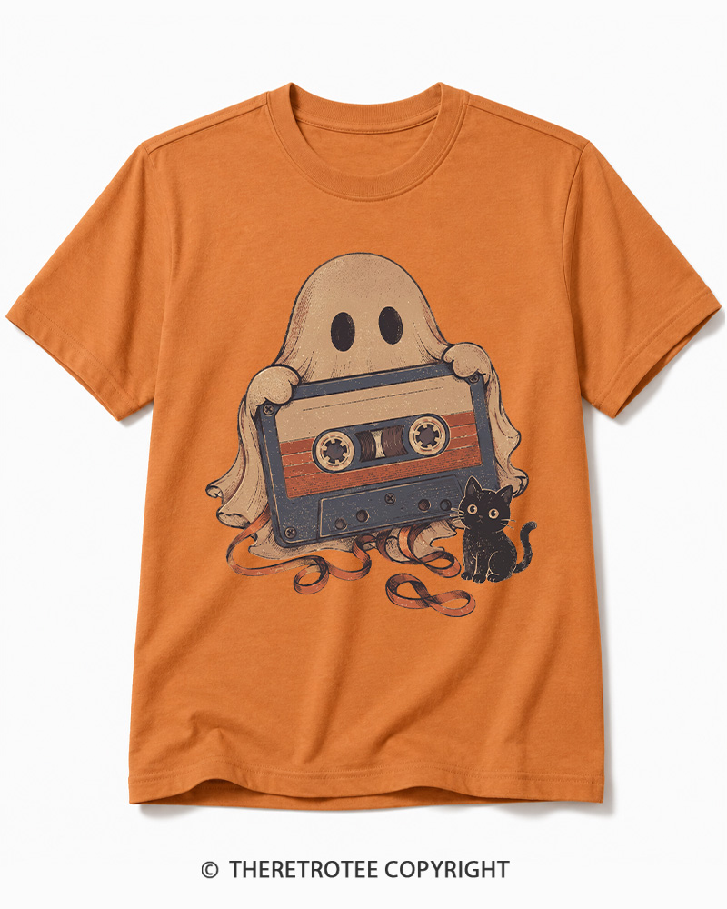 TheRetroTee Ghost Cassette Tape Halloween 1980s Halloween Cotton T-Shirt