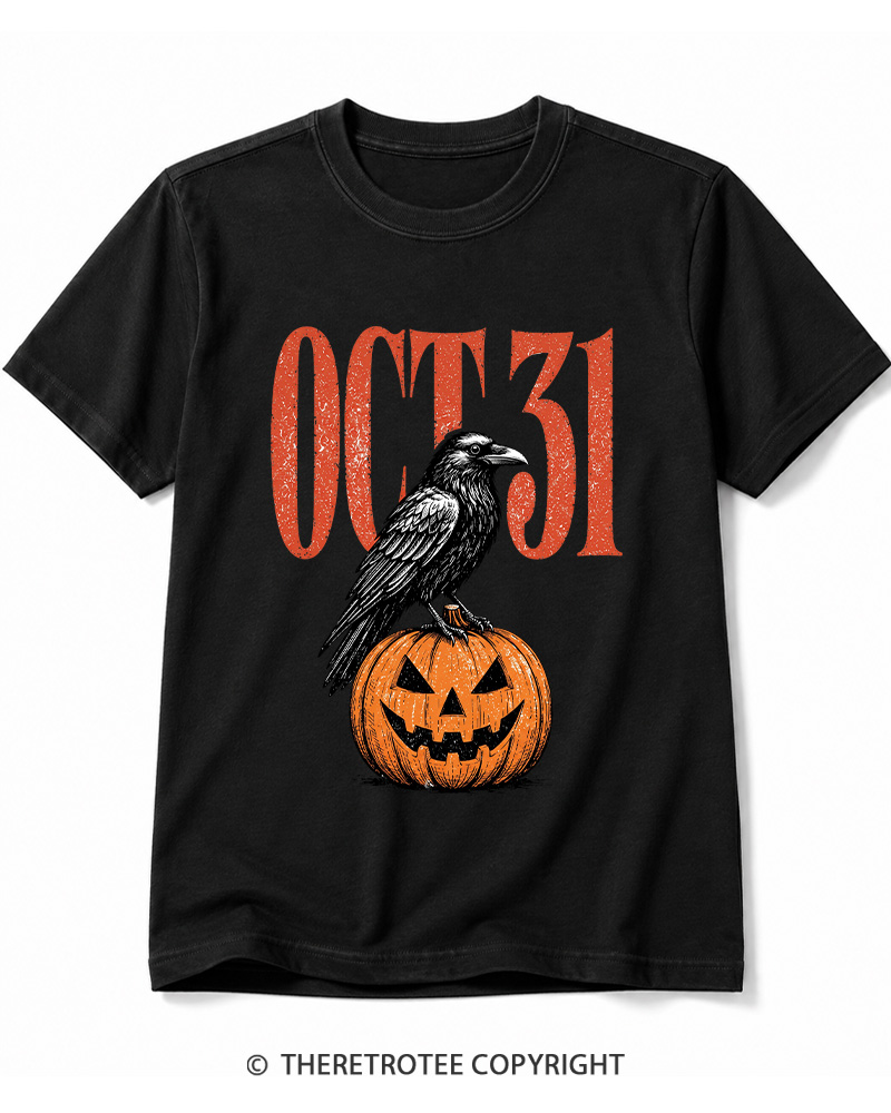 TheRetroTee Halloween Crow Pumpkin October 31 Halloween Cotton T-Shirt