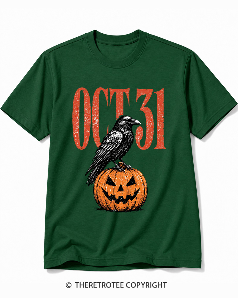 TheRetroTee Halloween Crow Pumpkin October 31 Halloween Cotton T-Shirt