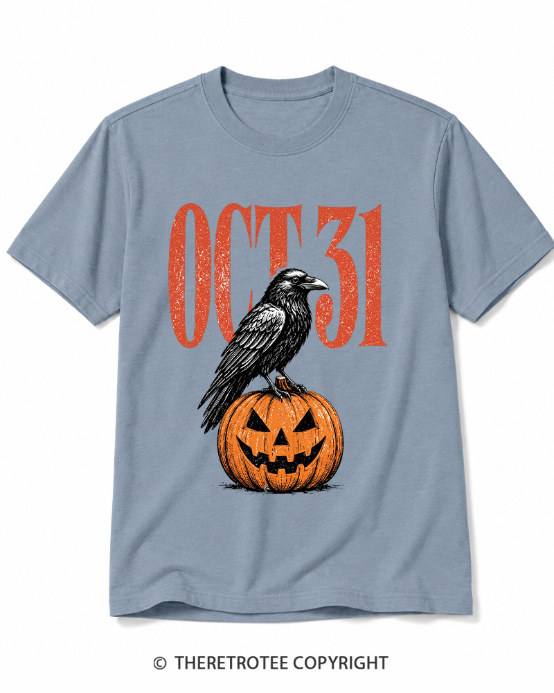 TheRetroTee Halloween Crow Pumpkin October 31 Halloween Cotton T-Shirt