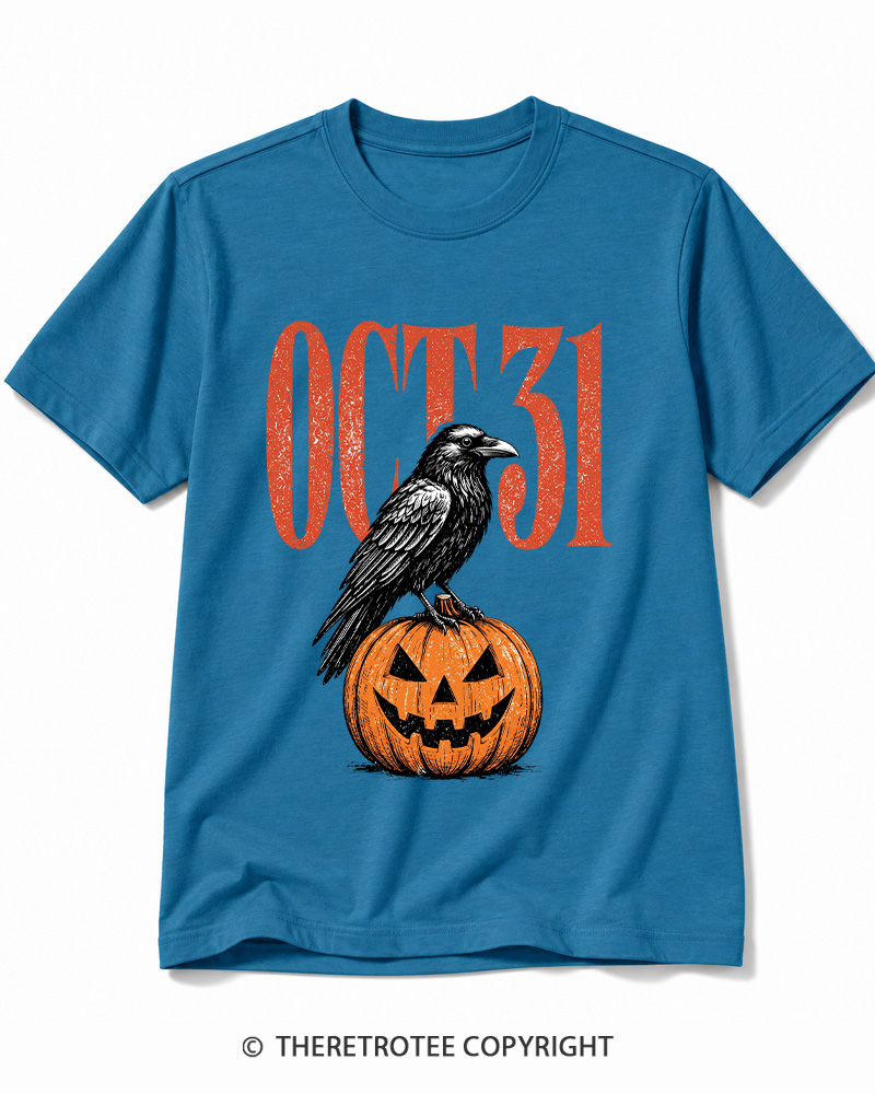 TheRetroTee Halloween Crow Pumpkin October 31 Halloween Cotton T-Shirt