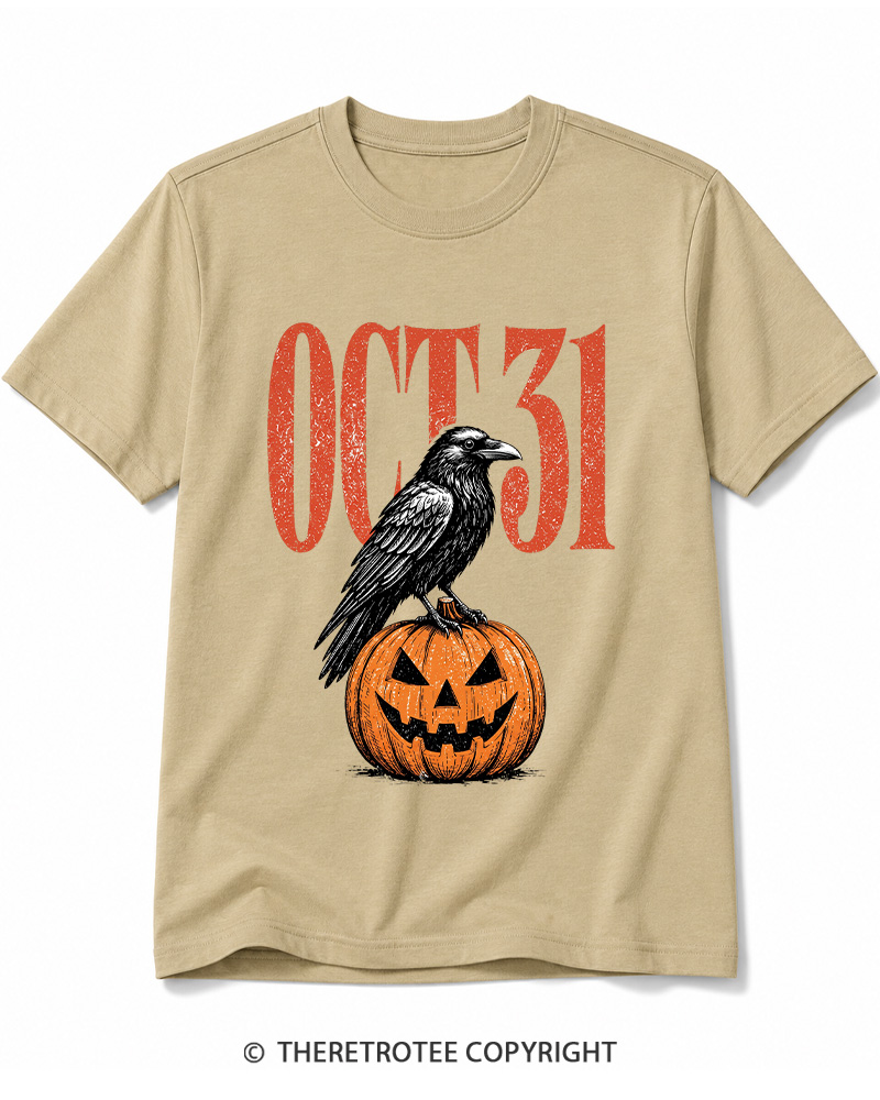 TheRetroTee Halloween Crow Pumpkin October 31 Halloween Cotton T-Shirt