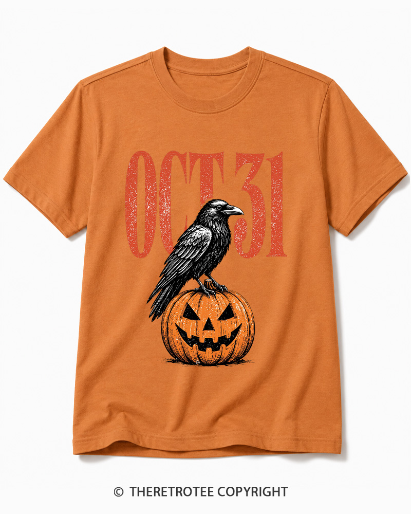 TheRetroTee Halloween Crow Pumpkin October 31 Halloween Cotton T-Shirt