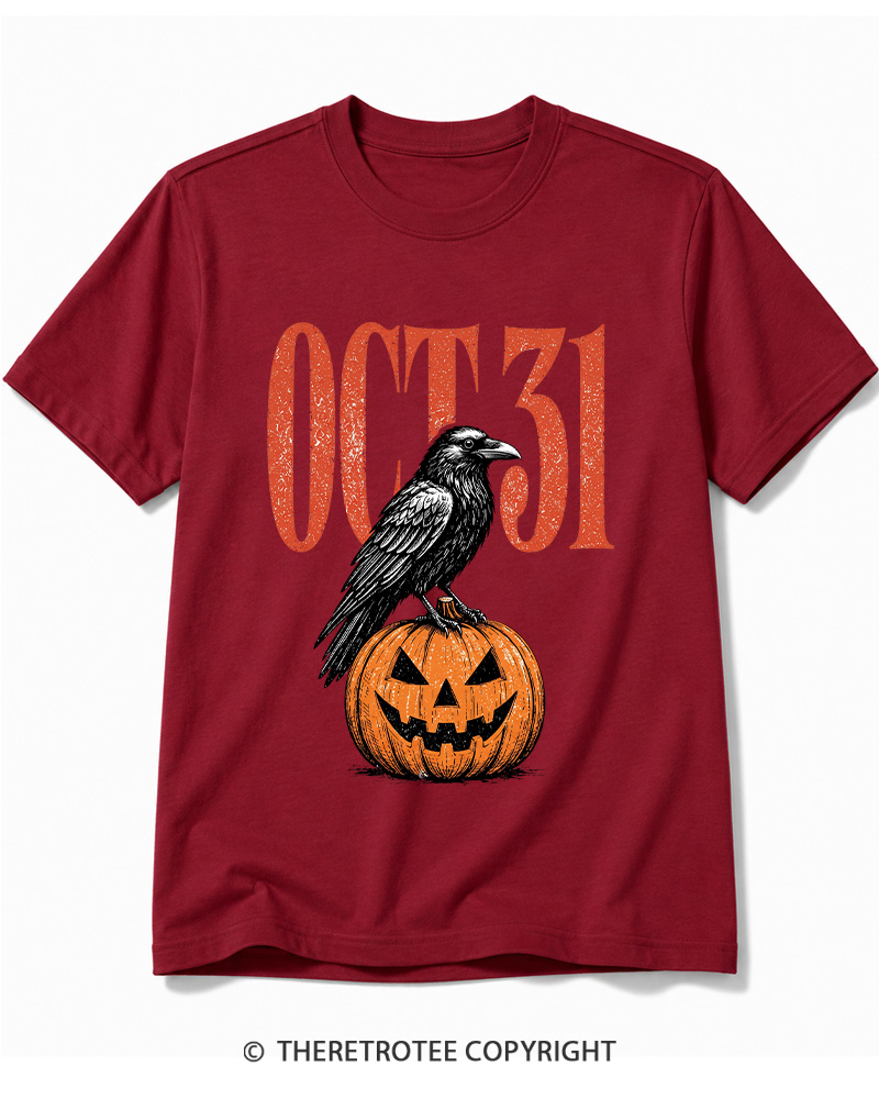 TheRetroTee Halloween Crow Pumpkin October 31 Halloween Cotton T-Shirt