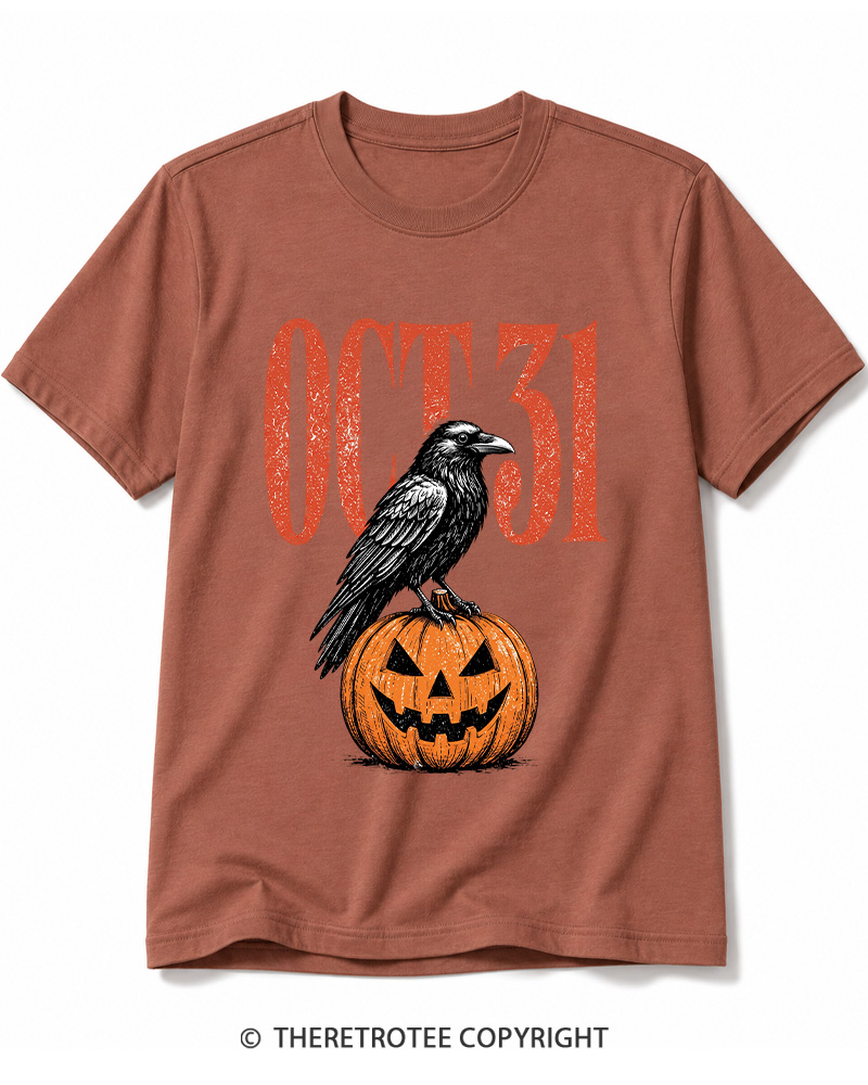 TheRetroTee Halloween Crow Pumpkin October 31 Halloween Cotton T-Shirt