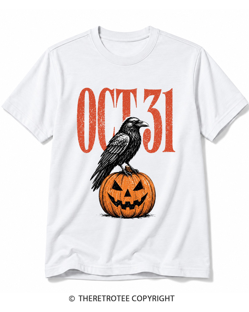 TheRetroTee Halloween Crow Pumpkin October 31 Halloween Cotton T-Shirt