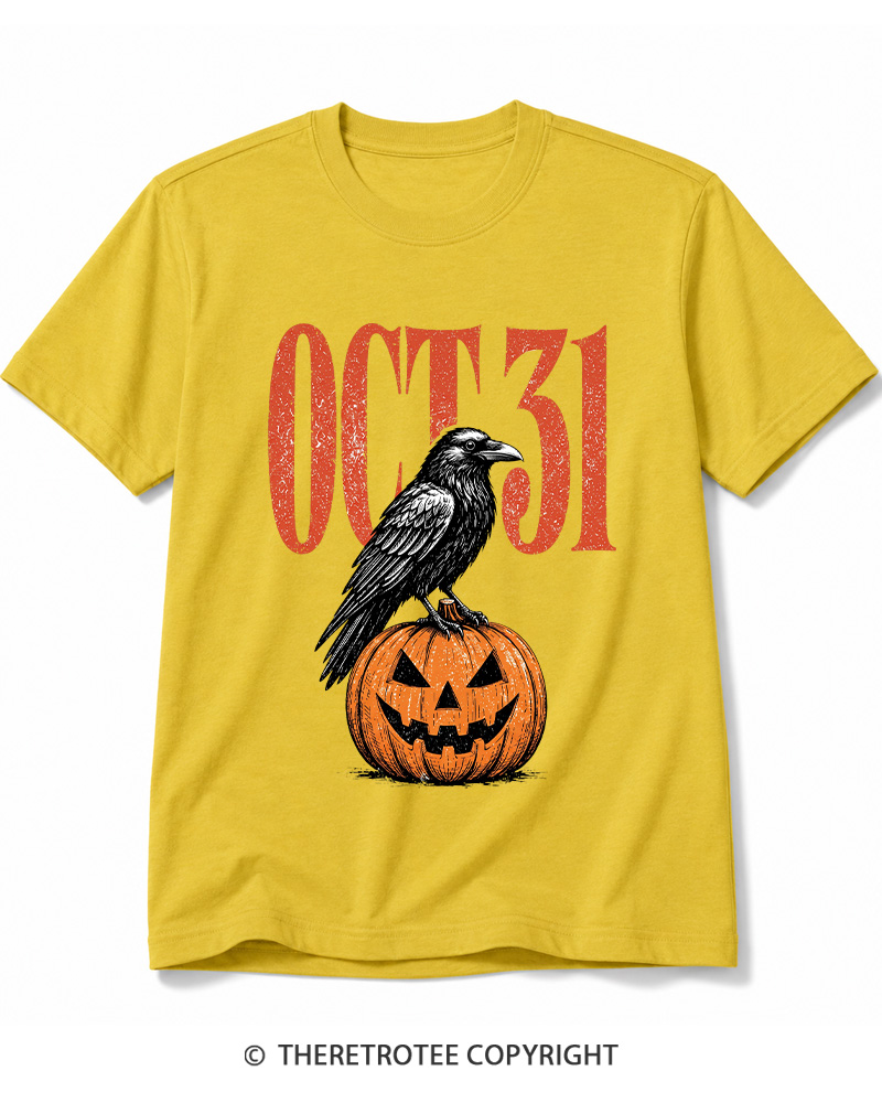 TheRetroTee Halloween Crow Pumpkin October 31 Halloween Cotton T-Shirt