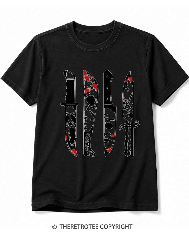 TheRetroTee Horror Movie Characters In Knives 1970s Cotton T-Shirt